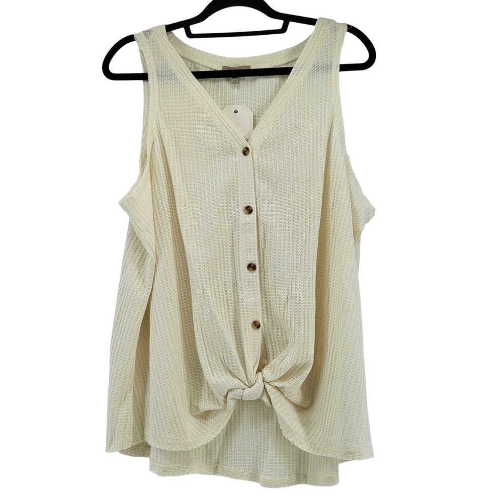 Wonderly Womens 1X Cream Waffle Knit Button Front Tie Hem Tank Top New‎ Casual